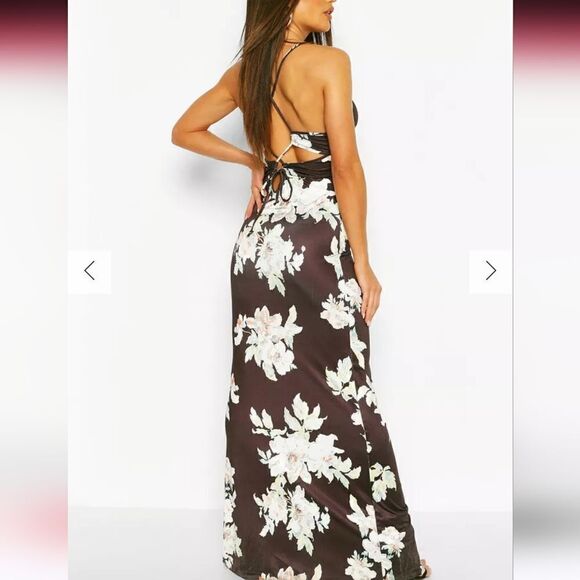 NWT Boohoo 8 Black Floral Back detail Slinky maxi dress - Picture 2 of 9